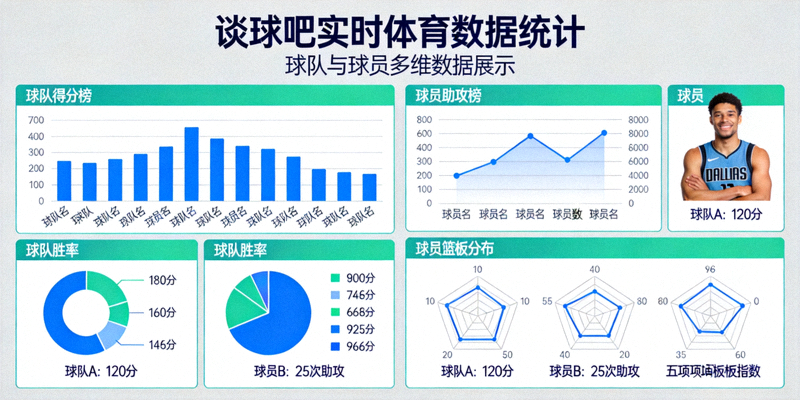 谈球吧实时体育数据统计可视化图表 - 展示球队与球员多维数据